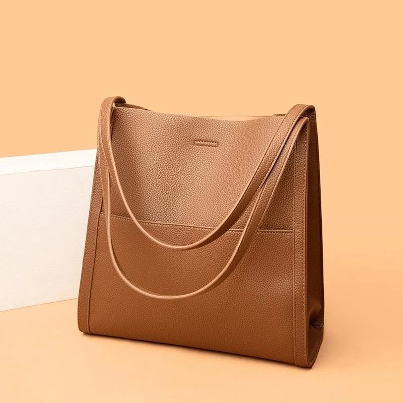 Solid color simple genuine leather shoulder bag