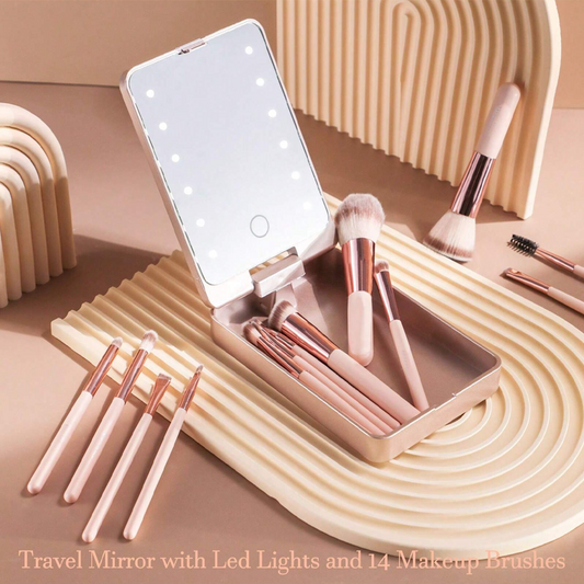 Portable Travel Makeup Brush Set with LED Mirror (14PCS Brush)